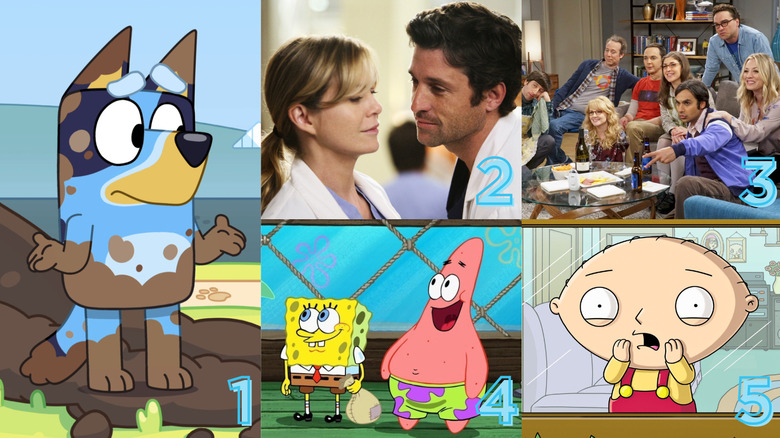 Grey's Anatomy, The Big Bang Theory, Bluey, Family Guy, SpongeBob SquarePants