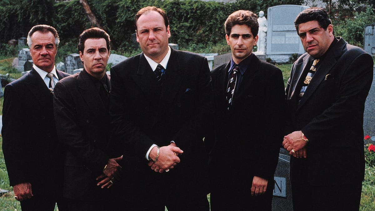 The cast of "The Sopranos" posing for a photo.