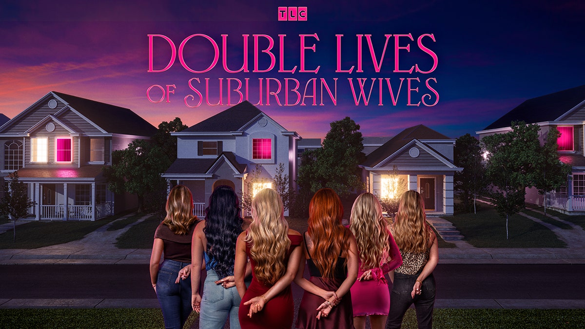 Six women stand with their backs to the camera in front of suburban homes beneath the TLC series title.