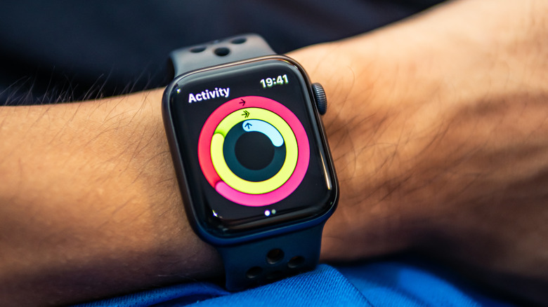 An Apple Watch showing the wearer's Activity Rings.