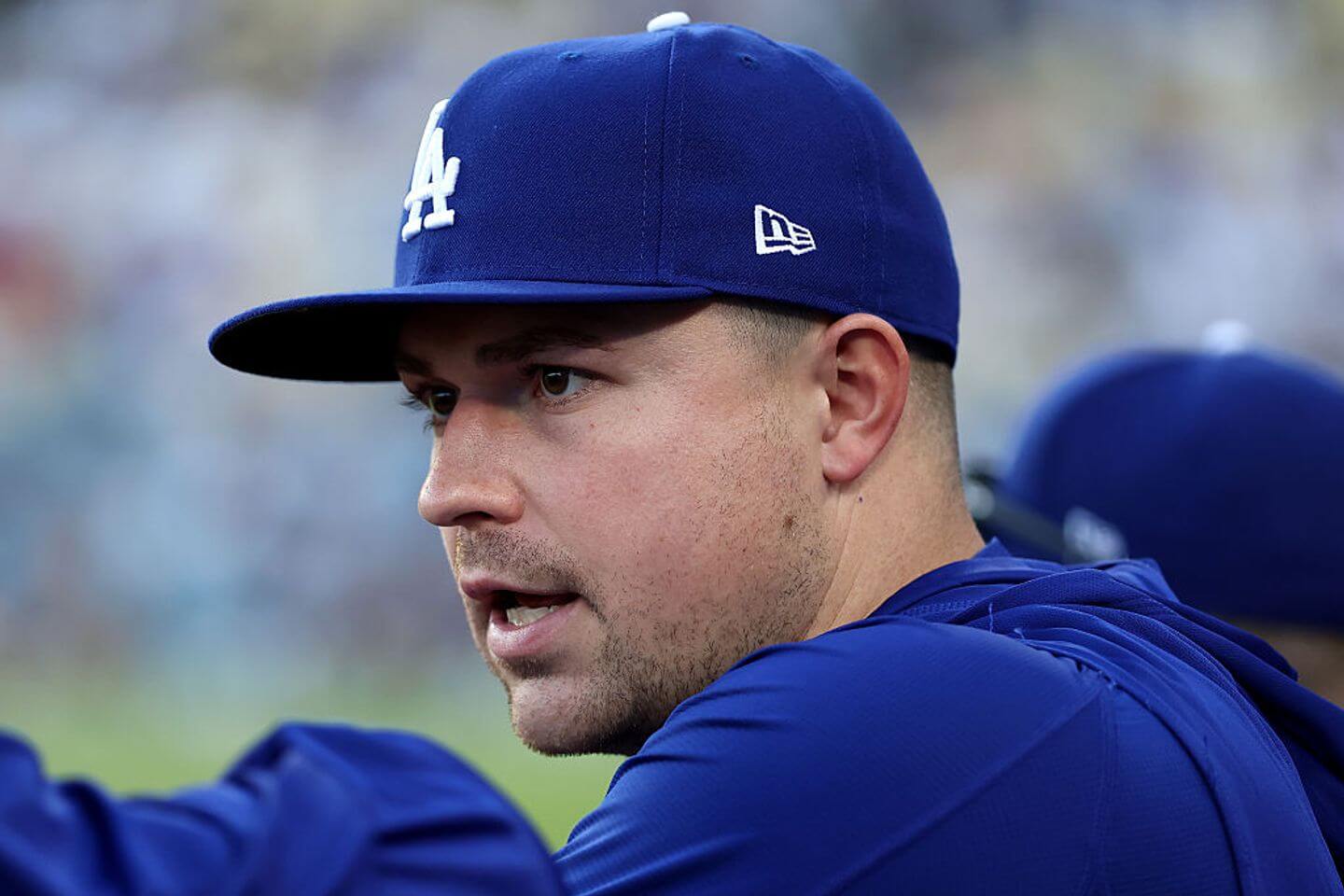 Tarik Skubal in the Dodgers dugout on Sunday after being traded there from the Tigers late Saturday night.