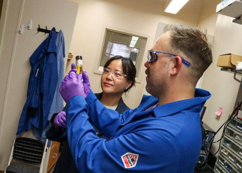 Two people look at something in a test tube.